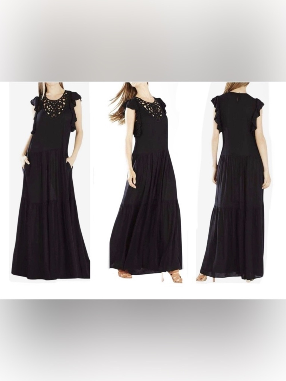 BCBGMAXAZRIA Lyndsy Flutter Sleeve Cutout Embroidered Maxi Dress Size Small